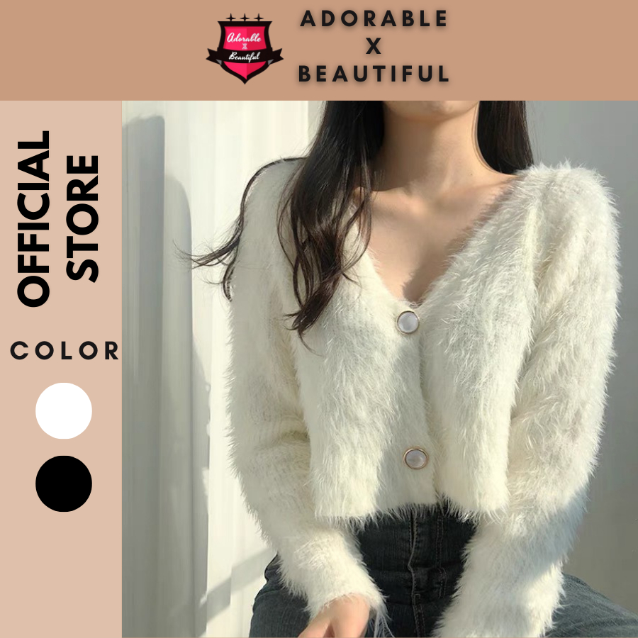 Áo Khoác Len Lông Thỏ Trắng Nút Tay Dài Mềm Mại Sang Trọng, Cardigan Trắng Cổ V [AdorablexBeautiful]