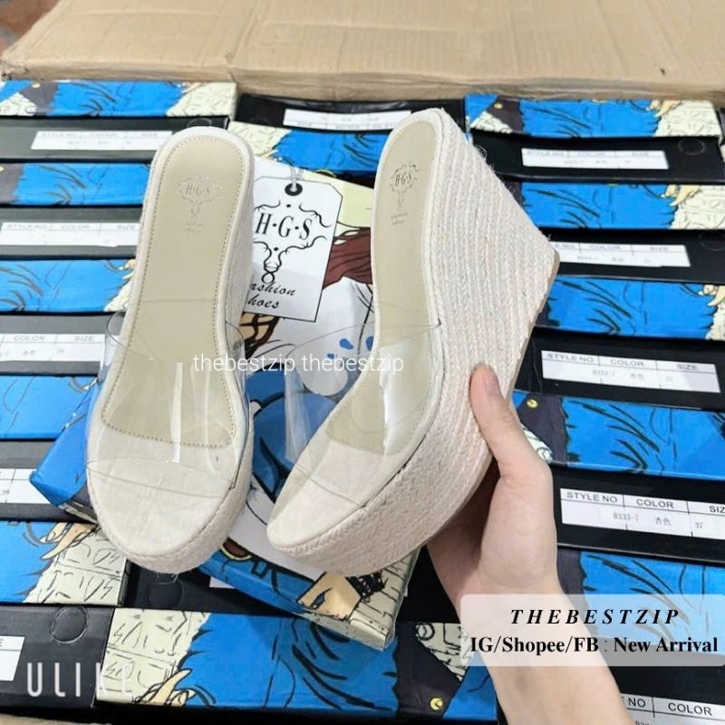 Dép xuồng đế cói quai mica trong cao 11cm nhập nguyên hộp hàng QC cao cấp | Hàng loại 1