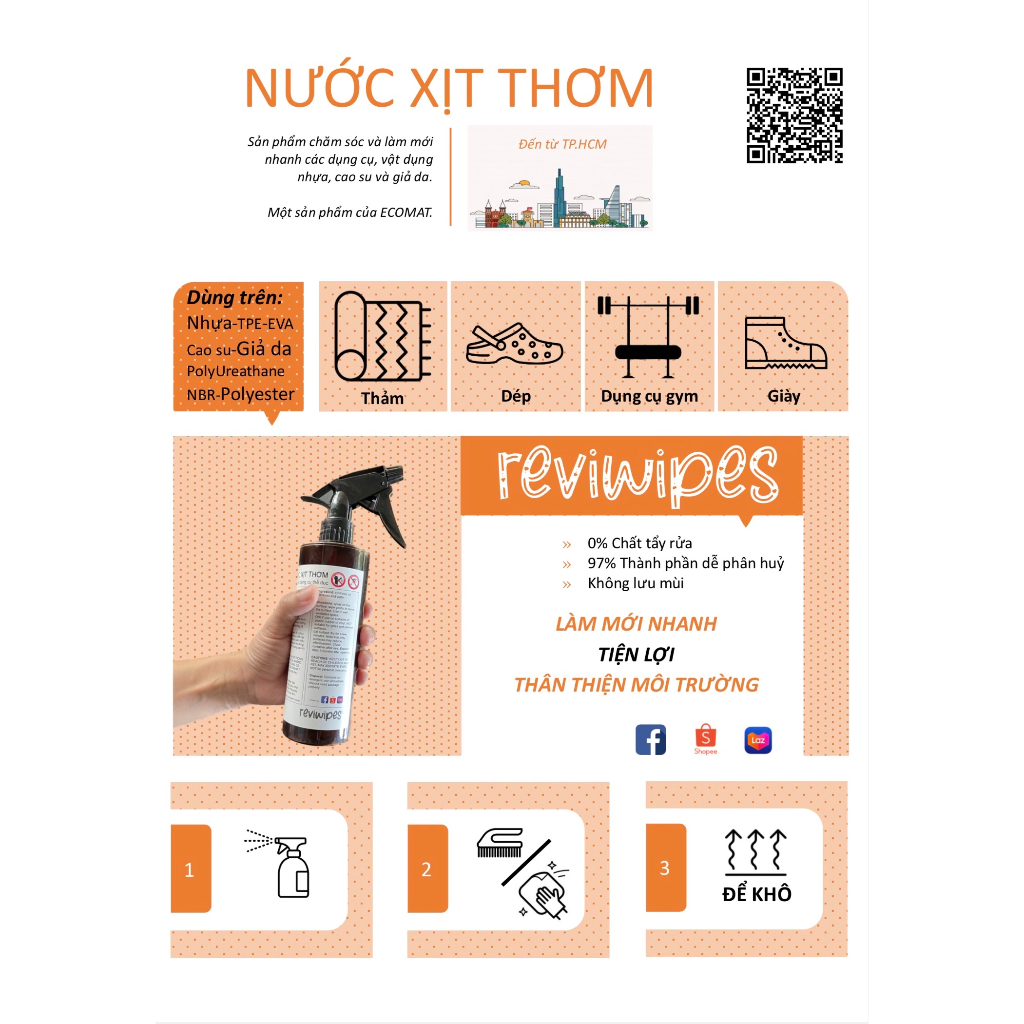 Combo Làm Quen: Nước xịt thơm Reviwipes cho thảm yoga, dụng cụ gym
