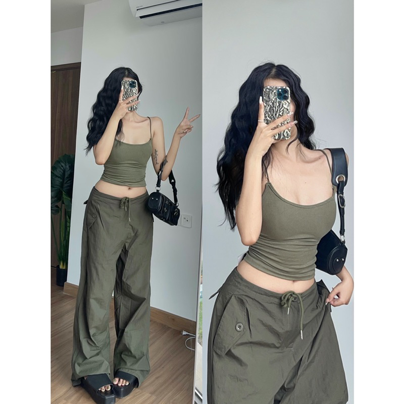 [ Hình Thật ] Quần Dù 2Yk Xanh Rêu - Áo Thun Hở Lưng Đan Dây