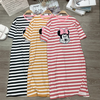 Đầm Thun Gân Nữ Kiểu Dáng Dài Cổ Tròn Sọc Họa Tiết In Mickey - Nhím Xù Shop