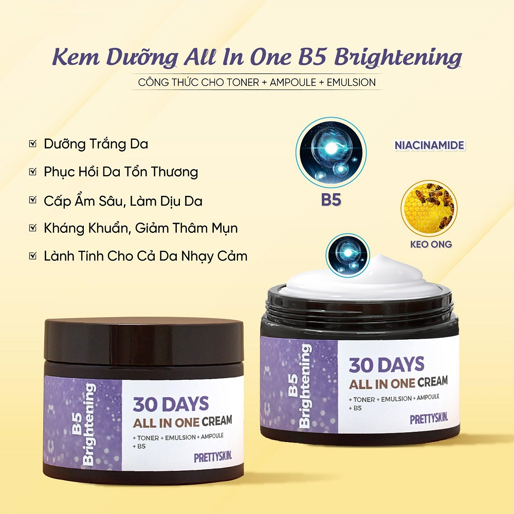 Kem Dưỡng Phục Hồi Sáng Da Prettyskin 30 Days All In One B5 Brightening Cream 100ml