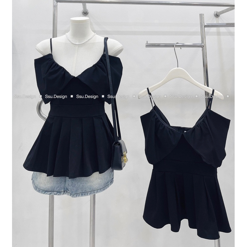 Áo hai dây thiết kế cao cấp có khoá sau cổ V bèo dưới có ảnh thật - hàng có sẵn