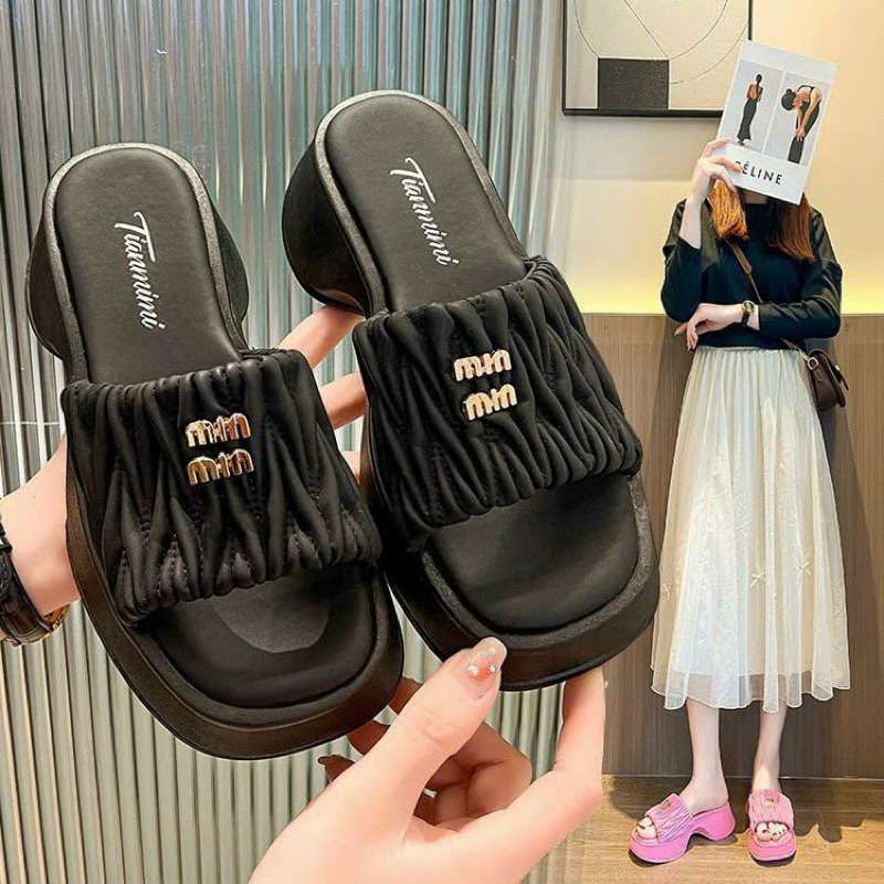 Dép miu quai nhún ngang đế cao 5cm fullbox hàng quảng châu