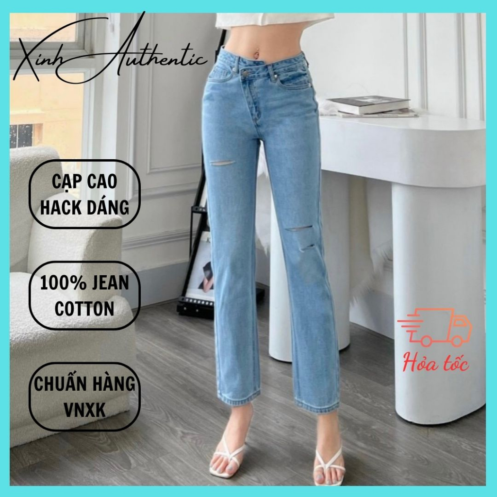 Quần Ống Đứng Nữ,Quần Jean Nữ Dài 96cm Khoá chéo-Ưu đãi giá 10 Khách Đầu Tiên