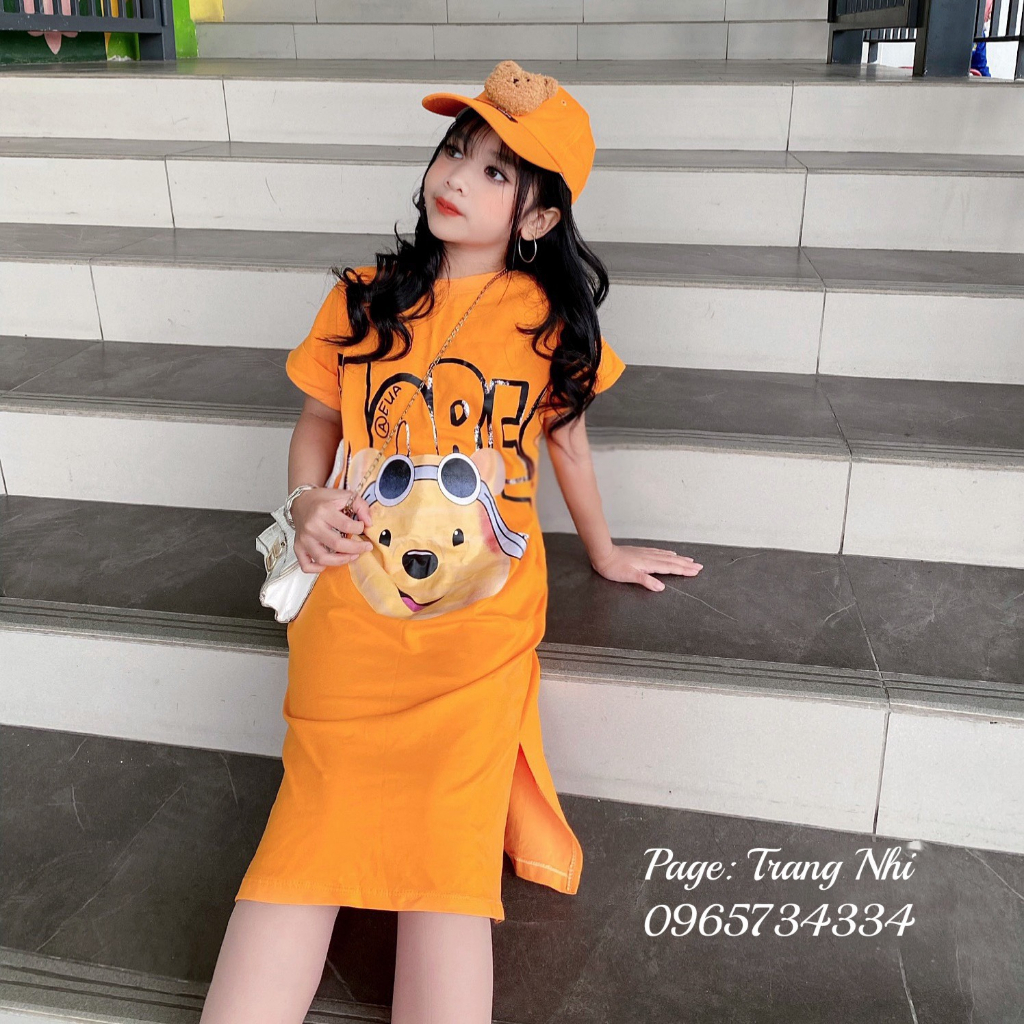 Váy xuông cho bé gái maxi in hình mèo và gấu size đại 20-45kg xinh sang diện hè
