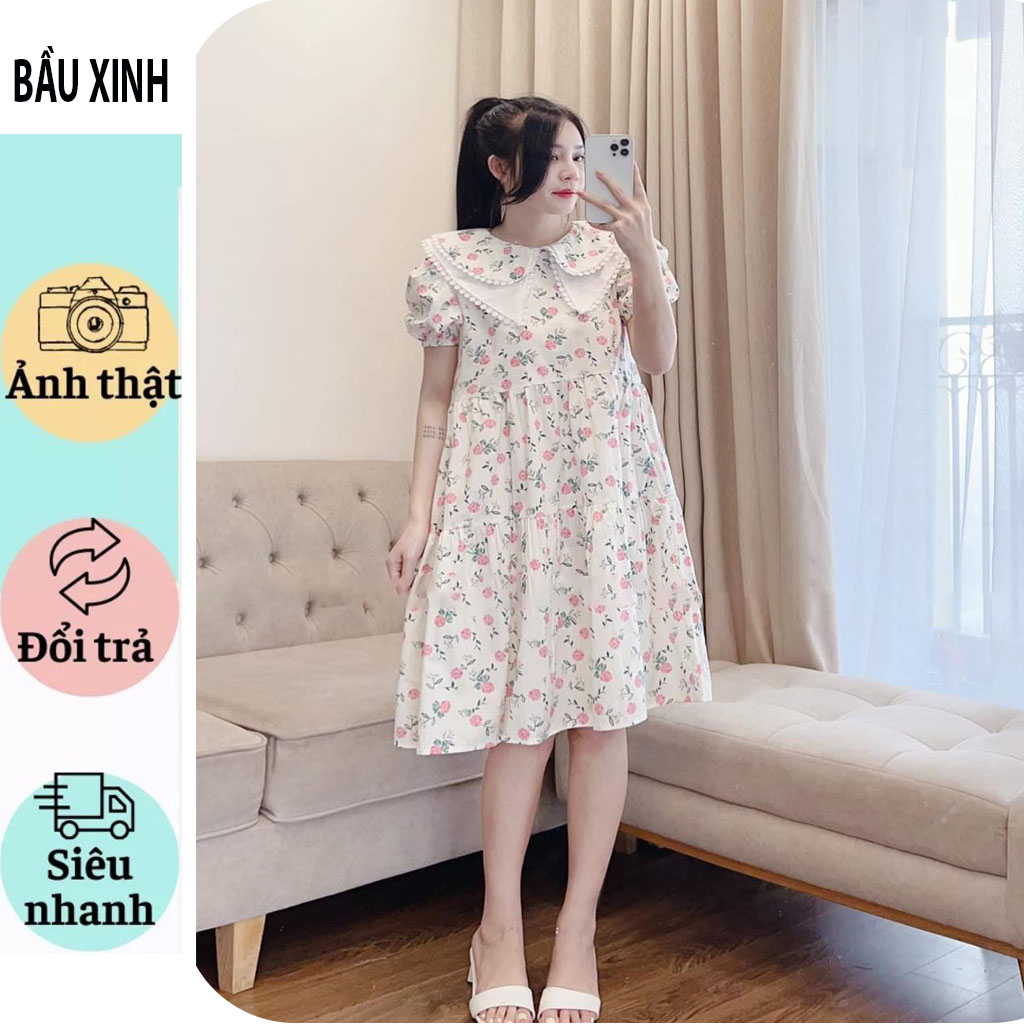 VÁY BẦU CÔNG SỞ DỰ TIỆC ĐẸP SANG-ĐẦM BẦU BABYDOLL HOA XINH CỔ BÁNH BÈO DỄ THƯƠNG VẢI THÔ MỀM MÁT BIGSIZE