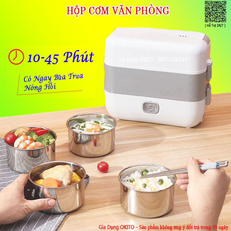Hộp cơm văn phòng cắm điện 2 tầng 4 ngăn, hâm nóng và nấu chín thức ăn nhanh chóng, tiện lợi khi ăn trưa tại văn phòng