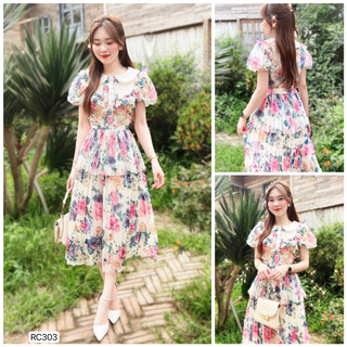 RC303 Váy voan hoa cổ sen tiểu thư [Rency&DVC] váy đầm voan 2 tầng dập ly dài nữ tính