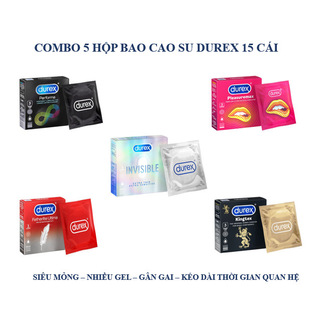 Combo 5 hộp nhỏ Bao cao su Durex 15 cái - Siêu mỏng - Nhiều gel - Ôm sát - Gân gai - Kéo dài thời gian