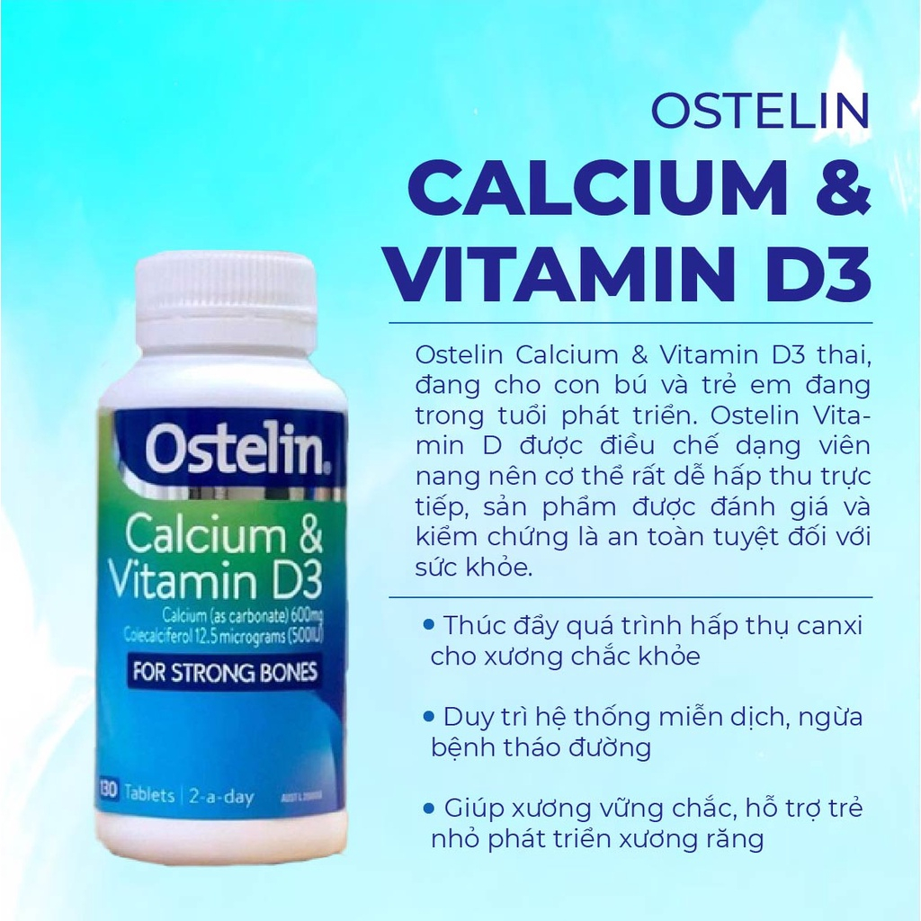 Canxi và Vitamin D3500IU dạng viên cho mẹ bầu Ostelin Kids Calcium & Vitamin D3 130 viên của Úc