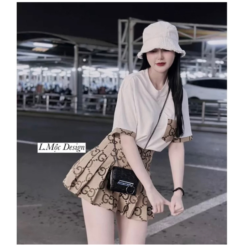 Set áo phông phối túi mix chân váy xếp ly G.G hot hit Áo cotton khô QC l1 dày đẹp, viền tay, phối túi