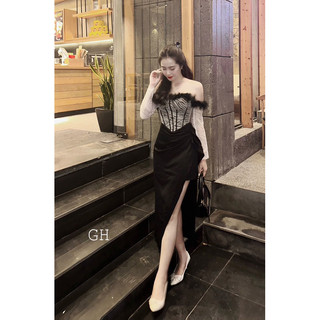 Đầm trễ vai lụa phối lông xẻ tà