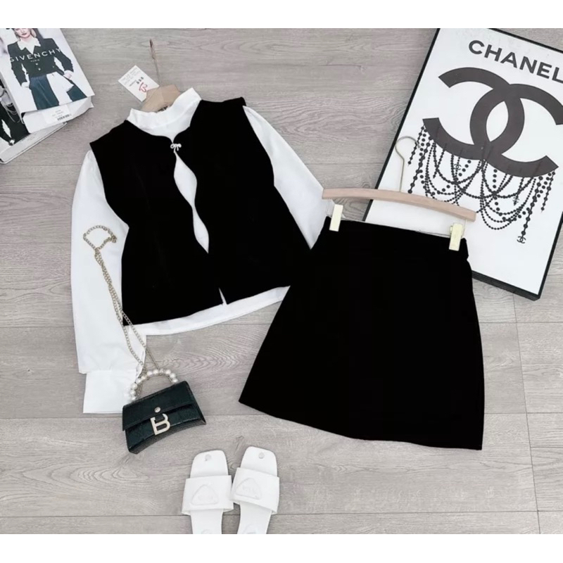 Set 3 món gile lượn sóng kèm nơ đá siêu phẩm Áo sơ mi thô lụa , cúc cổ cài sau dễ mặc Gile nhung cứng QC