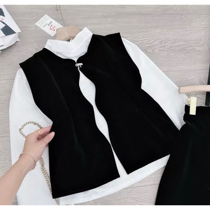 Set 3 món gile lượn sóng kèm nơ đá siêu phẩm Áo sơ mi thô lụa , cúc cổ cài sau dễ mặc Gile nhung cứng QC