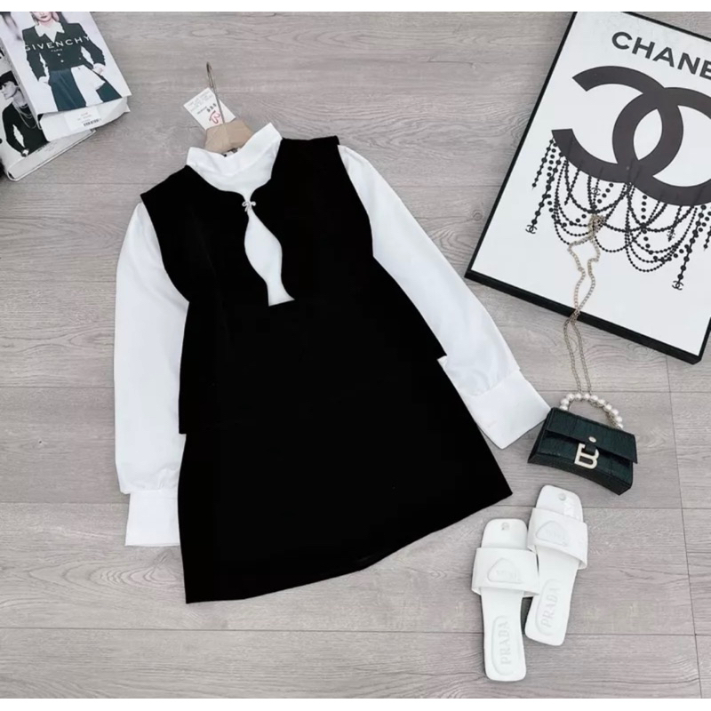 Set 3 món gile lượn sóng kèm nơ đá siêu phẩm Áo sơ mi thô lụa , cúc cổ cài sau dễ mặc Gile nhung cứng QC