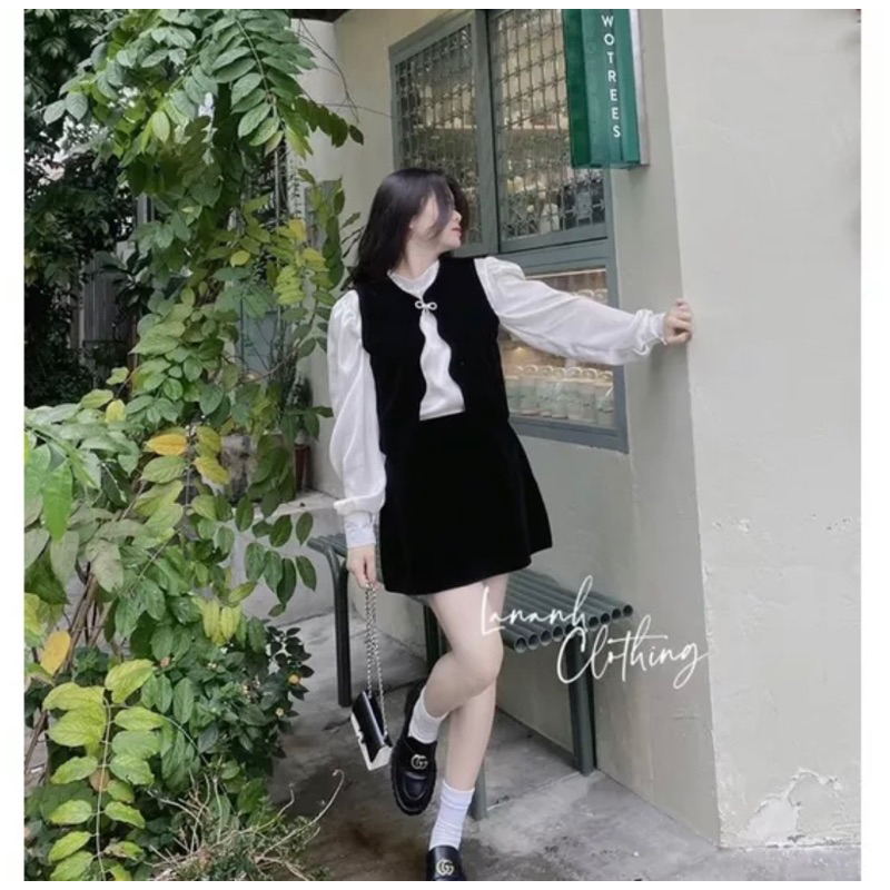 Set 3 món gile lượn sóng kèm nơ đá siêu phẩm Áo sơ mi thô lụa , cúc cổ cài sau dễ mặc Gile nhung cứng QC