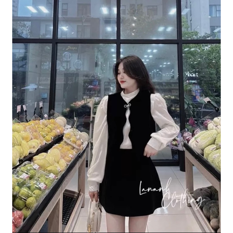 Set 3 món gile lượn sóng kèm nơ đá siêu phẩm Áo sơ mi thô lụa , cúc cổ cài sau dễ mặc Gile nhung cứng QC