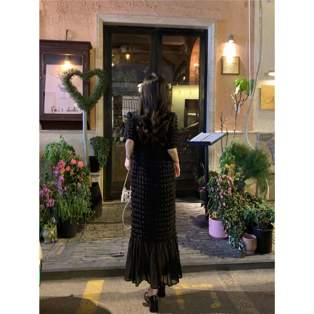 Đầm midi xốp thun ô vuông phối chân voan đuôi cá phong cách đơn giản Hàn Quốc