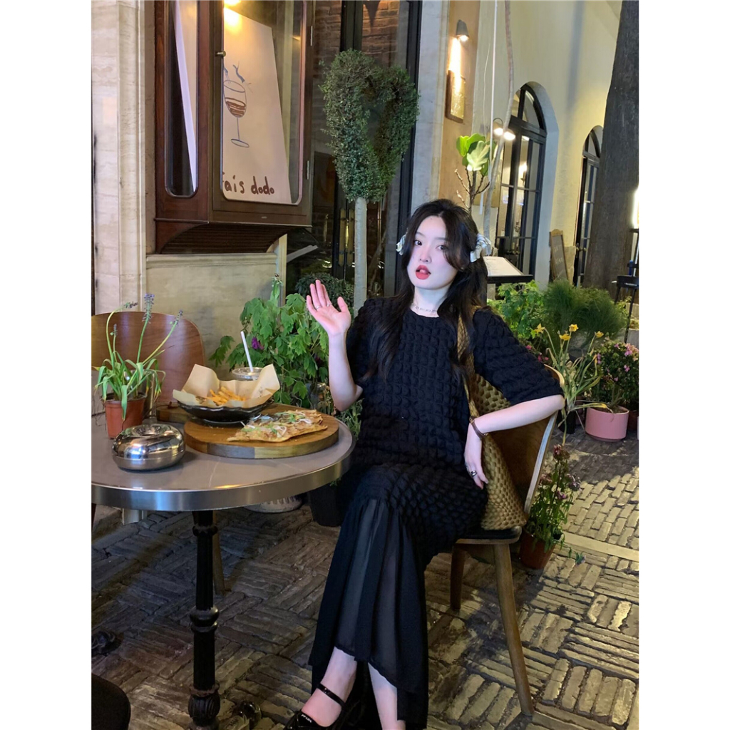 Đầm midi xốp thun ô vuông phối chân voan đuôi cá phong cách đơn giản Hàn Quốc