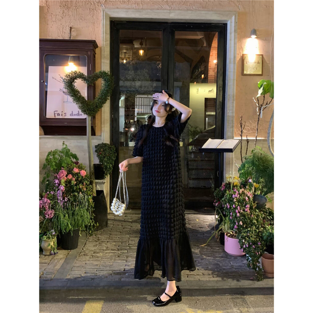 Đầm midi xốp thun ô vuông phối chân voan đuôi cá phong cách đơn giản Hàn Quốc