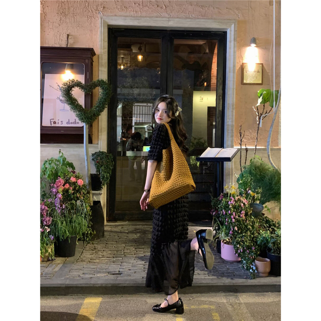 Đầm midi xốp thun ô vuông phối chân voan đuôi cá phong cách đơn giản Hàn Quốc