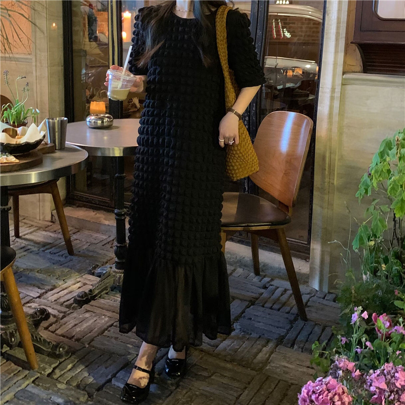 Đầm midi xốp thun ô vuông phối chân voan đuôi cá phong cách đơn giản Hàn Quốc