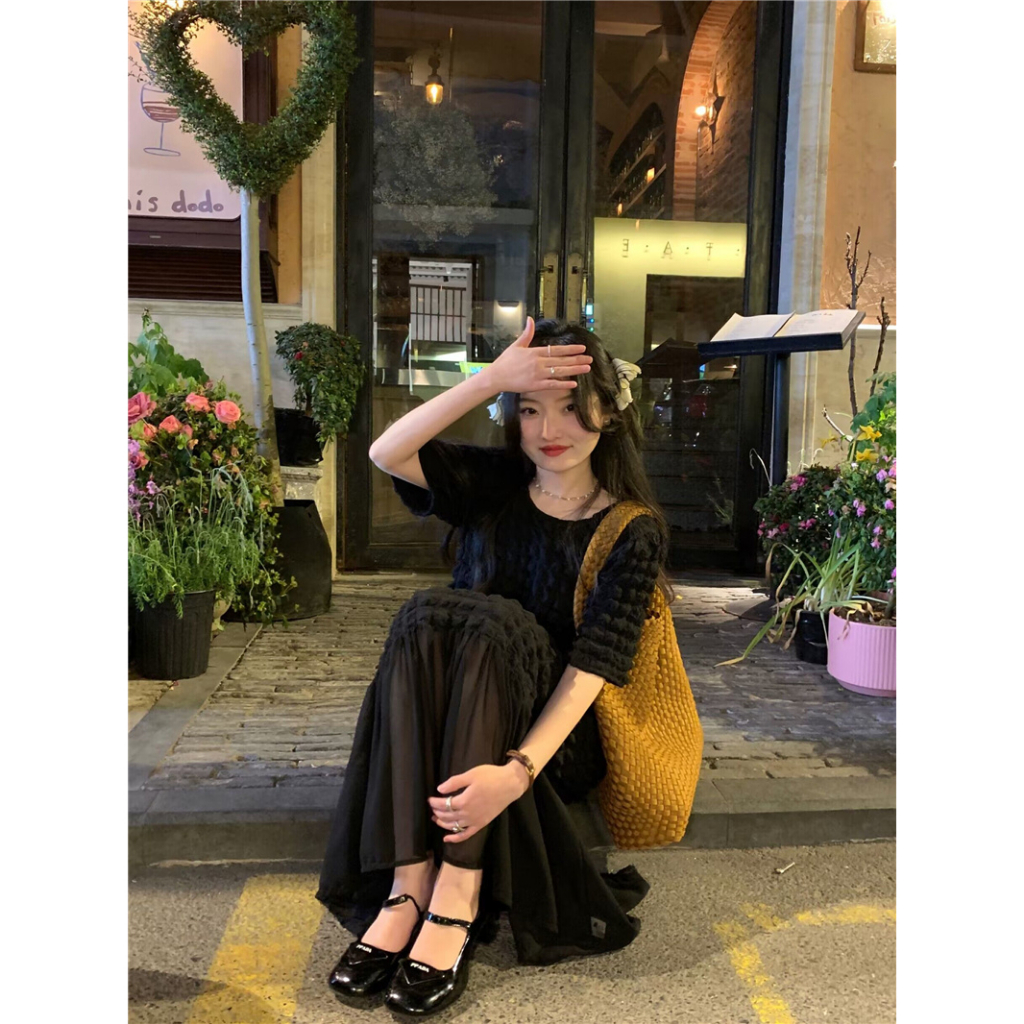 Đầm midi xốp thun ô vuông phối chân voan đuôi cá phong cách đơn giản Hàn Quốc