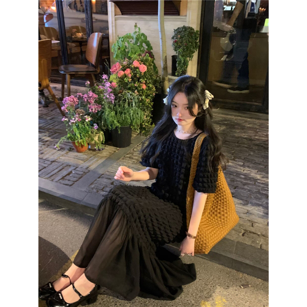 Đầm midi xốp thun ô vuông phối chân voan đuôi cá phong cách đơn giản Hàn Quốc