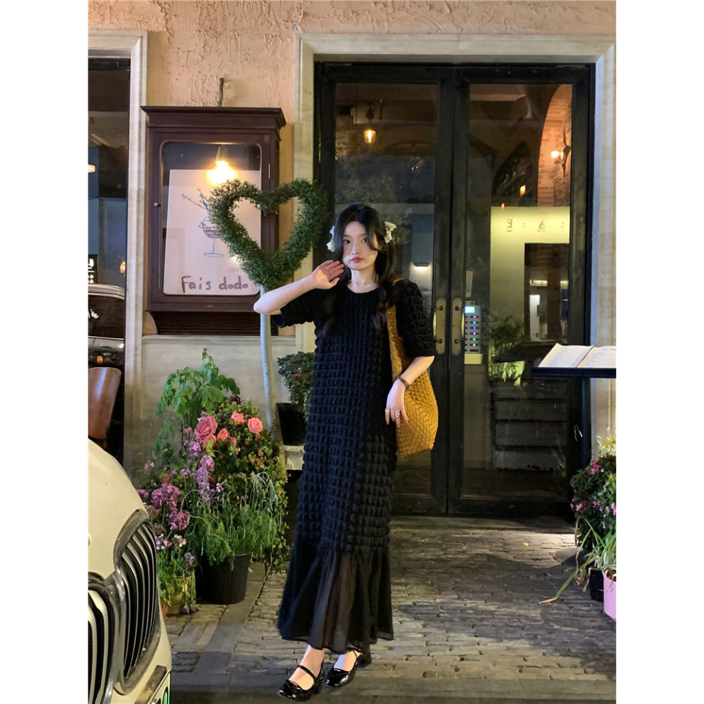 Đầm midi xốp thun ô vuông phối chân voan đuôi cá phong cách đơn giản Hàn Quốc