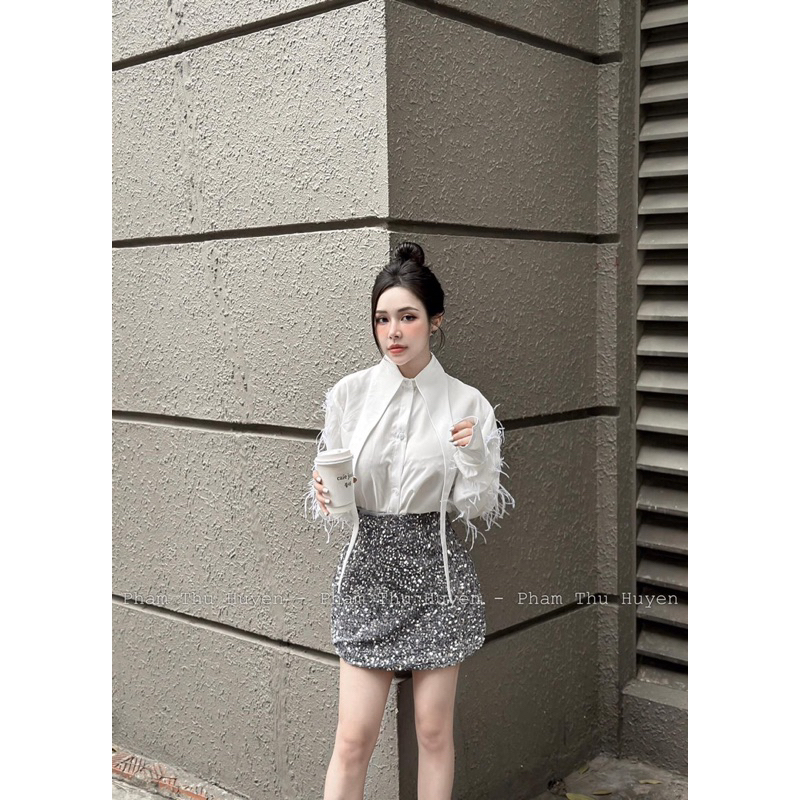 Set áo sơ mi phối tay rua mix chân váy kim sa siêu phẩm Áo sơ mi thô mềm đẹp, phối vạt dài chuẩn mẫu, tay