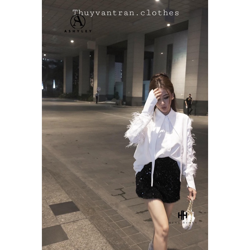 Set áo sơ mi phối tay rua mix chân váy kim sa siêu phẩm Áo sơ mi thô mềm đẹp, phối vạt dài chuẩn mẫu, tay