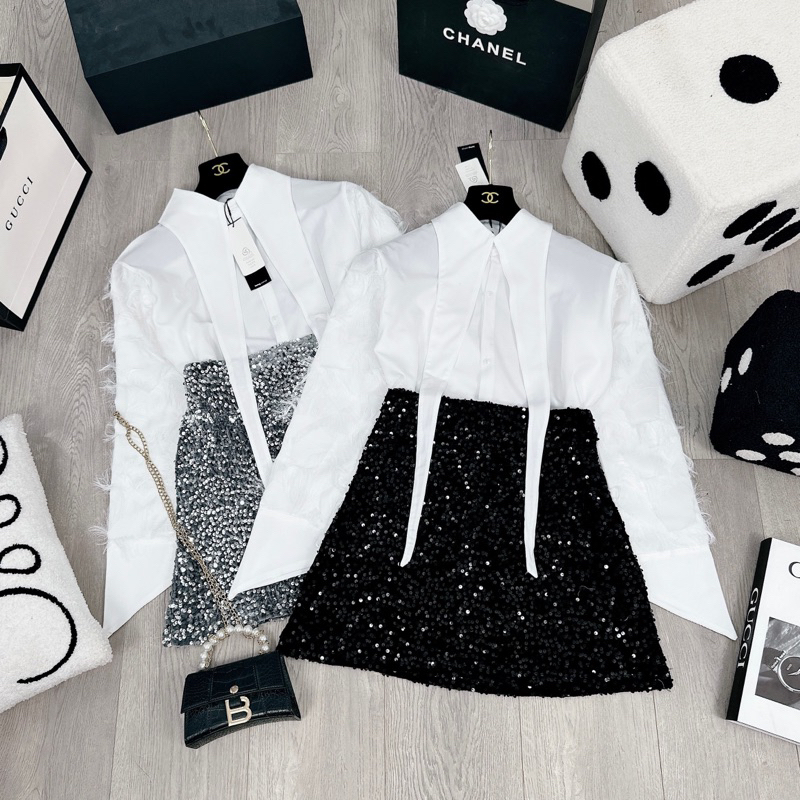 Set áo sơ mi phối tay rua mix chân váy kim sa siêu phẩm Áo sơ mi thô mềm đẹp, phối vạt dài chuẩn mẫu, tay