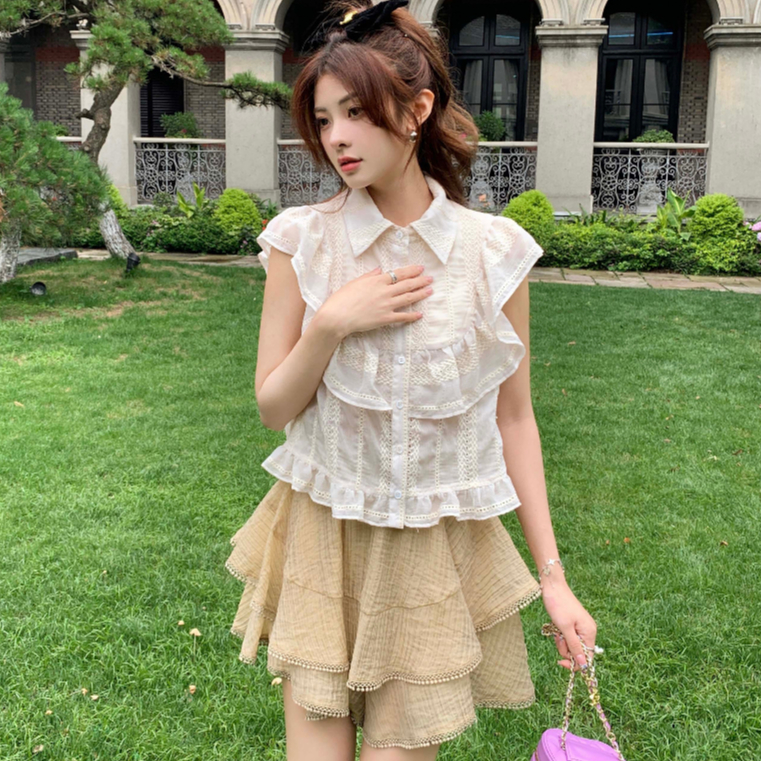Áo sơ mi nữ phối ren tay ngắn viền bèo, sơ mi nữ kiểu thiết kế điệu đà phong cách retro Pháp 6506