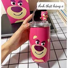 Bình Giữ Nhiệt Gấu Hống🍀FREESHIP🍀Ly Nước Gấu Dâu - Cốc Giữ Nhiệt Gấu Lotso Hồng Kèm Ống Hút