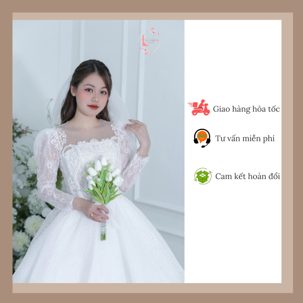 SKY Bridal Váy cưới cổ vuông ngực đính kết hạt sang trọng