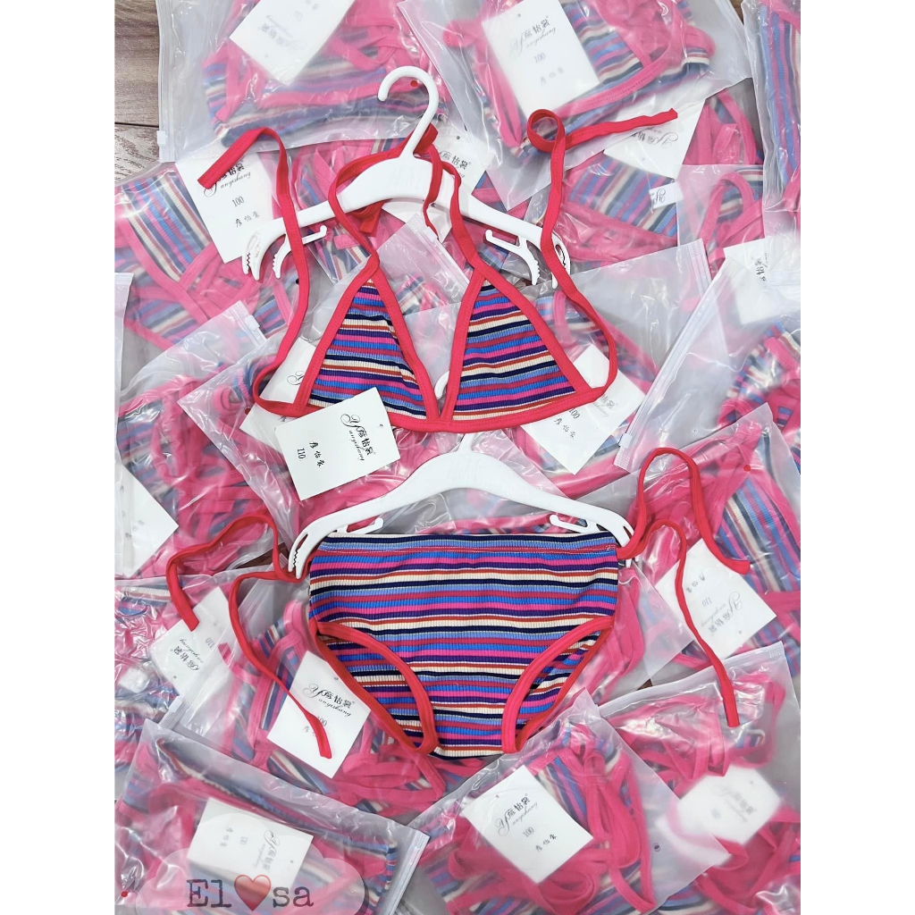 Đồ bơi bé gái, set bikini 2 mảnh họa tiết kẻ thổ cẩm cho bé 8-40kg