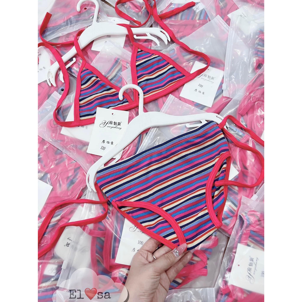 Đồ bơi bé gái, set bikini 2 mảnh họa tiết kẻ thổ cẩm cho bé 8-40kg