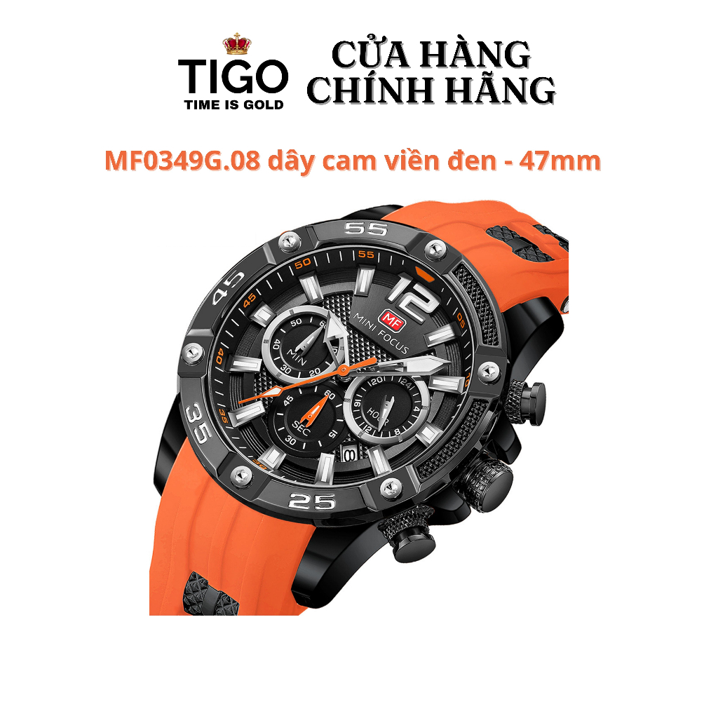 Đồng Hồ Nam MINI FOCUS MF0349G.08 Dây Silicone Cam Viền Đen Thép Không Gỉ Cao Cấp Mặt Tròn Đường Kính 47mm Chống Nước