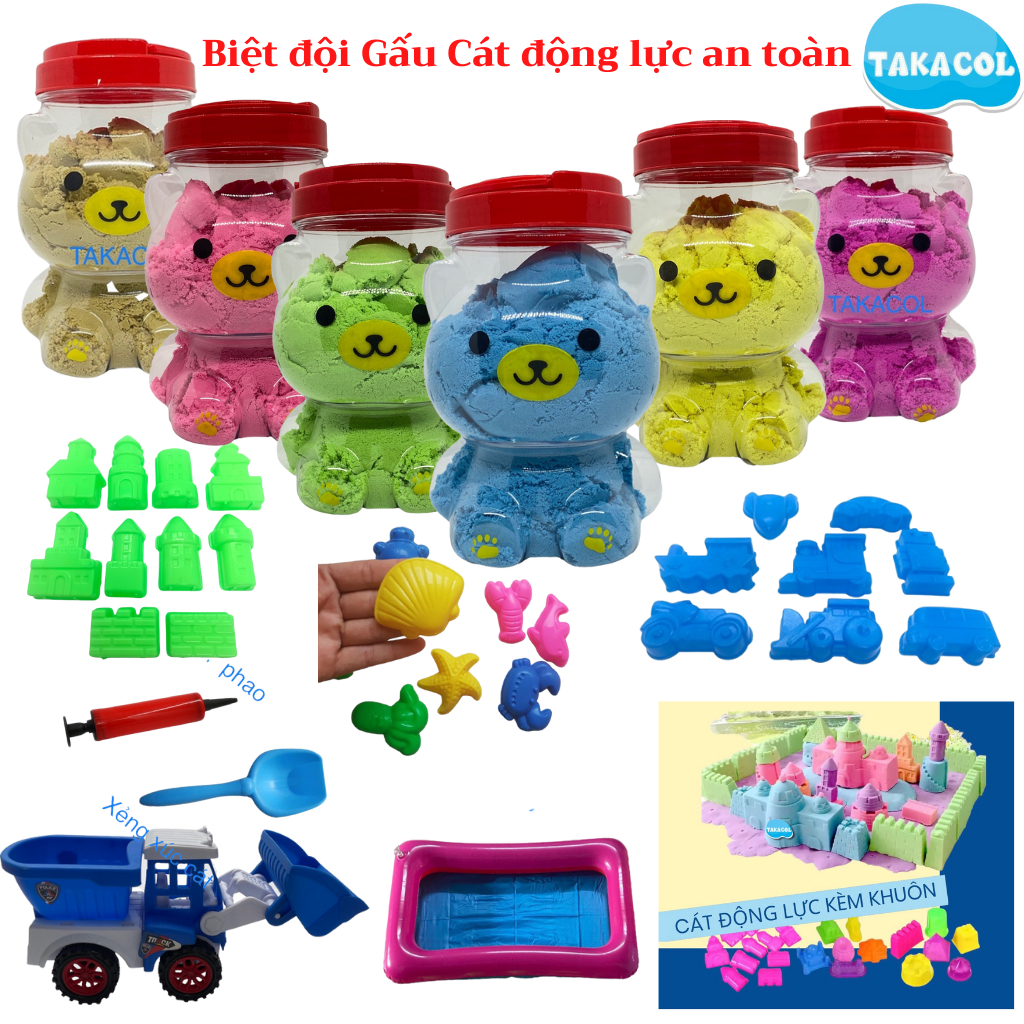 Biệt đội 6 chú gấu cát động lực an toàn Takacol, kèm bộ dụng cụ chơi gồm: 18 khuôn lớn, bể chơi cát+bơm, xẻng xúc, ô tô