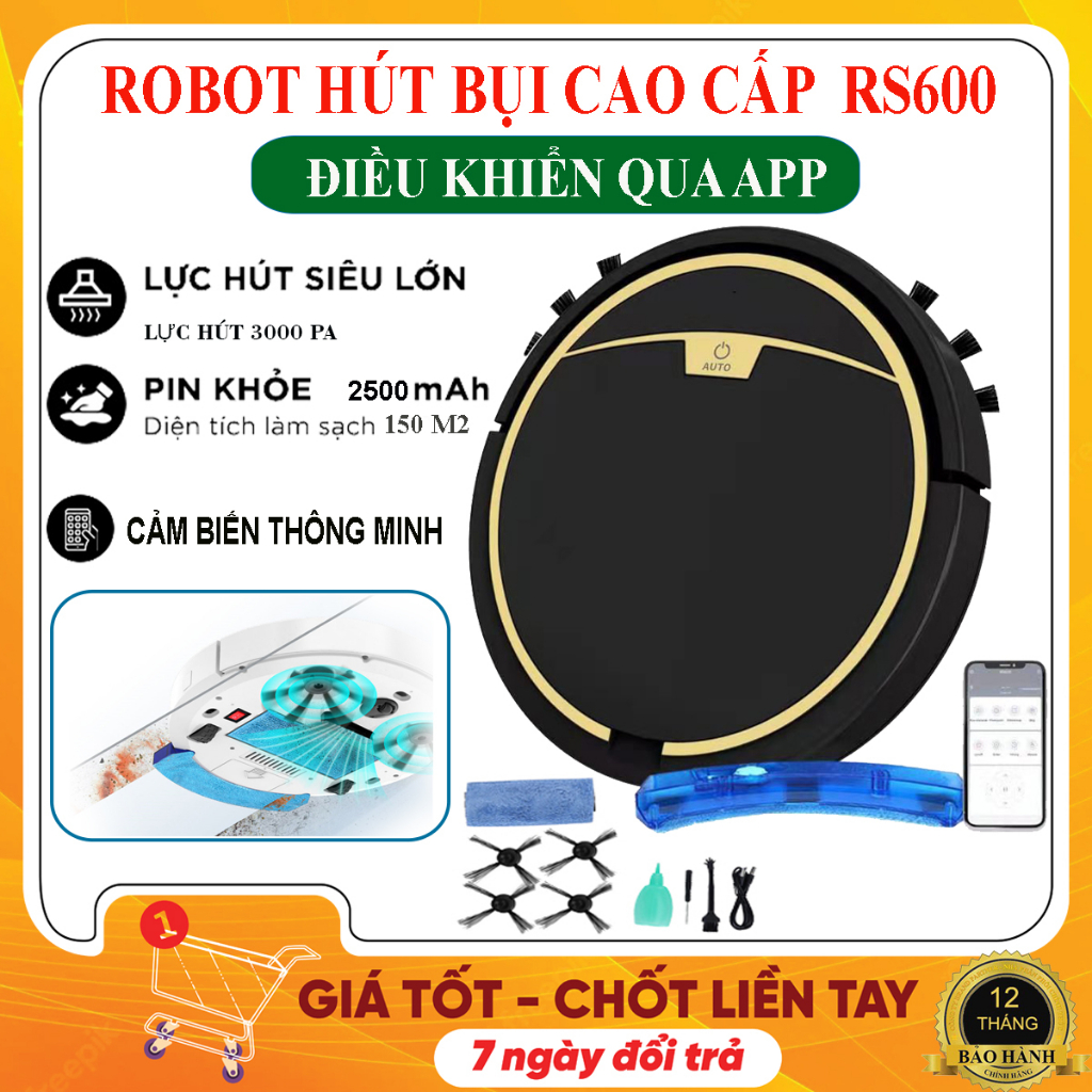 Robot Hút Bụi Lau Nhà RS600 cao cấp. Điều khiển qua APP, Lực hút cực mạnh, chống rơi, chống va đập