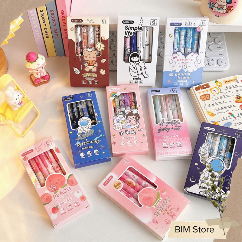 Hộp bút gel bấm MOKA 6 cây mực xanh, đen xóa được ngòi 0,5mm hoạ tiết cute dễ thương phong cách Nhật Bản