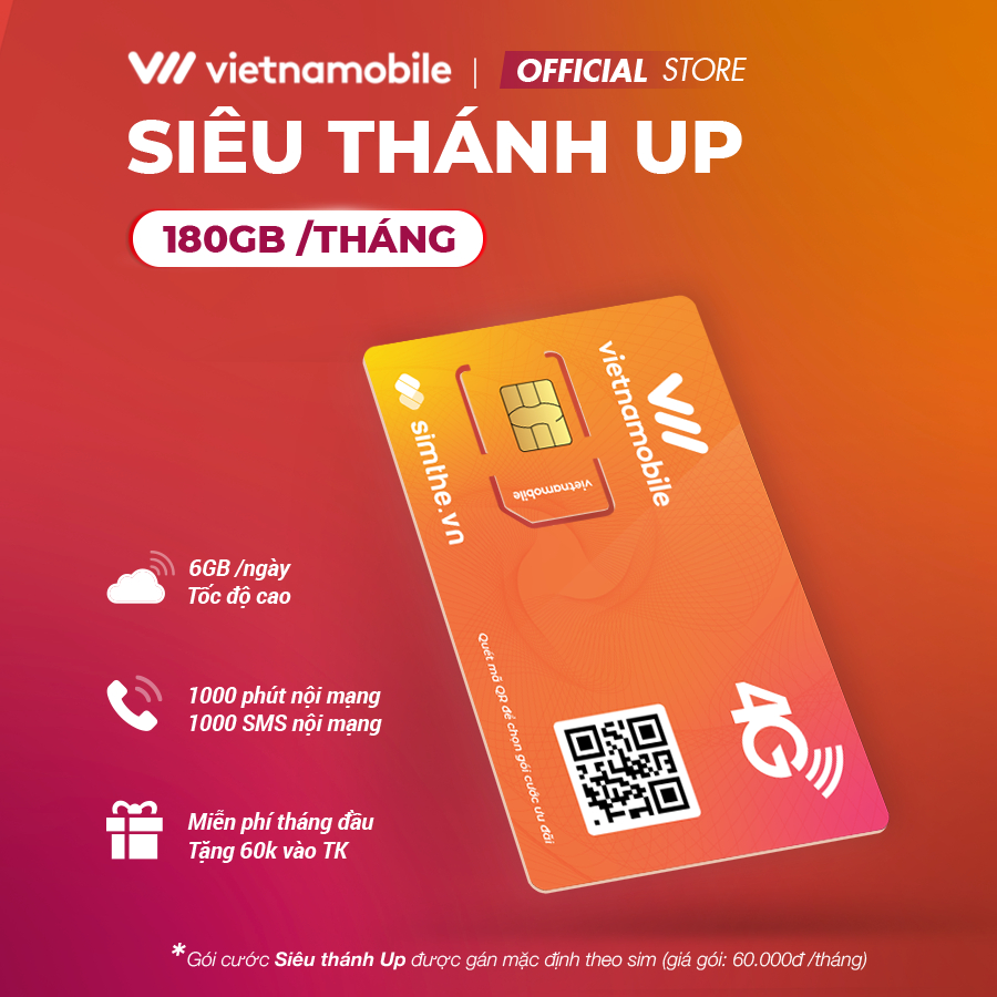 Sim 4G Vietnamobile Siêu Thánh UP Data 6GB/Ngày (180GB/Tháng). Miễn Phí Gọi Ngoại Mạng + Nội Mạng. Tặng 60K Trong TK