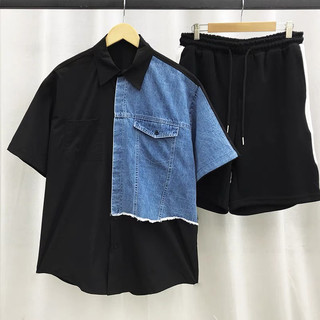 Áo sơ mi ngắn tay phối jean form rộng unisex chất lụa chống nhăn thoáng mát