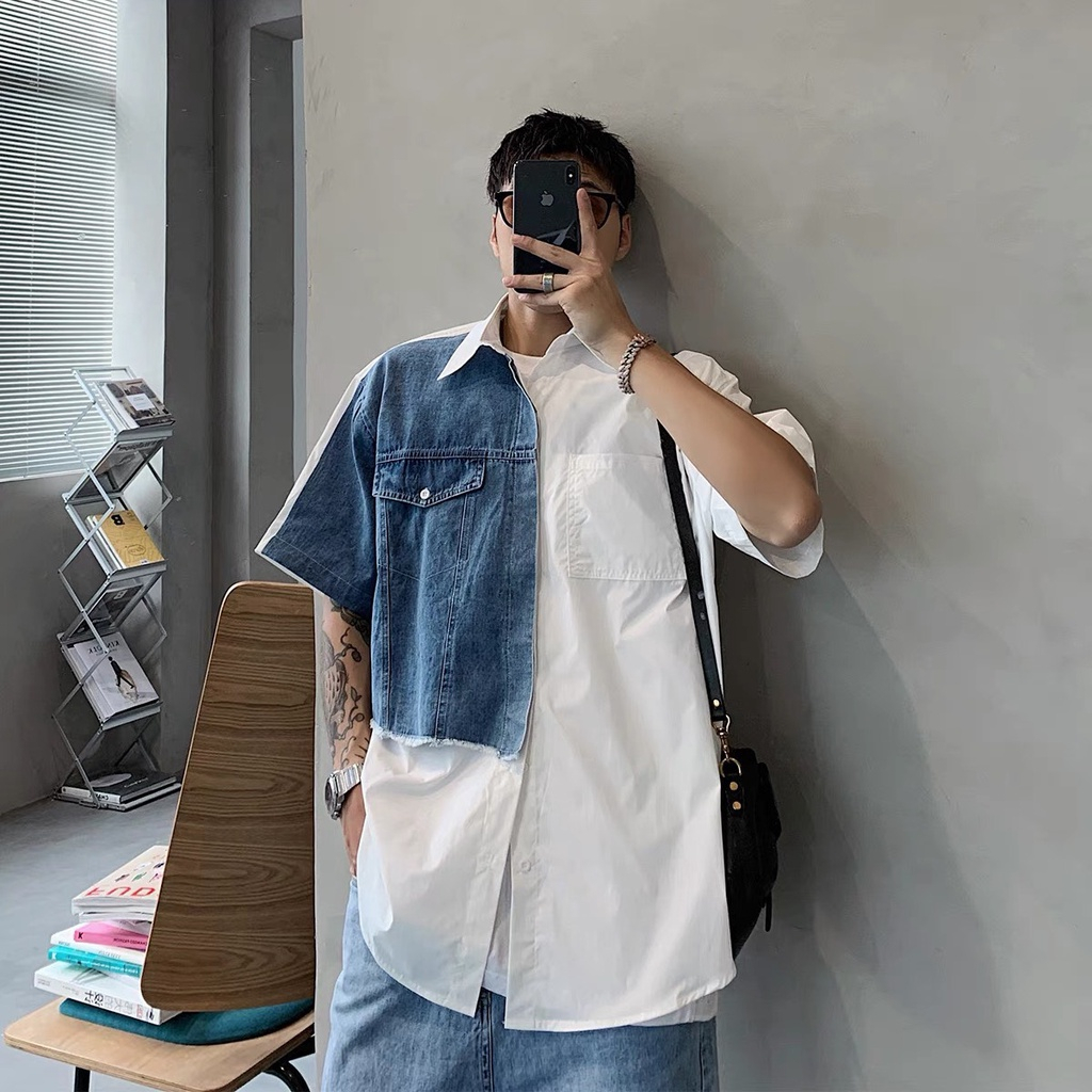 Áo Sơ Mi Ngắn Tay Phối Jean Form Rộng Unisex Chất Lụa Chống Nhăn Thoáng Mát