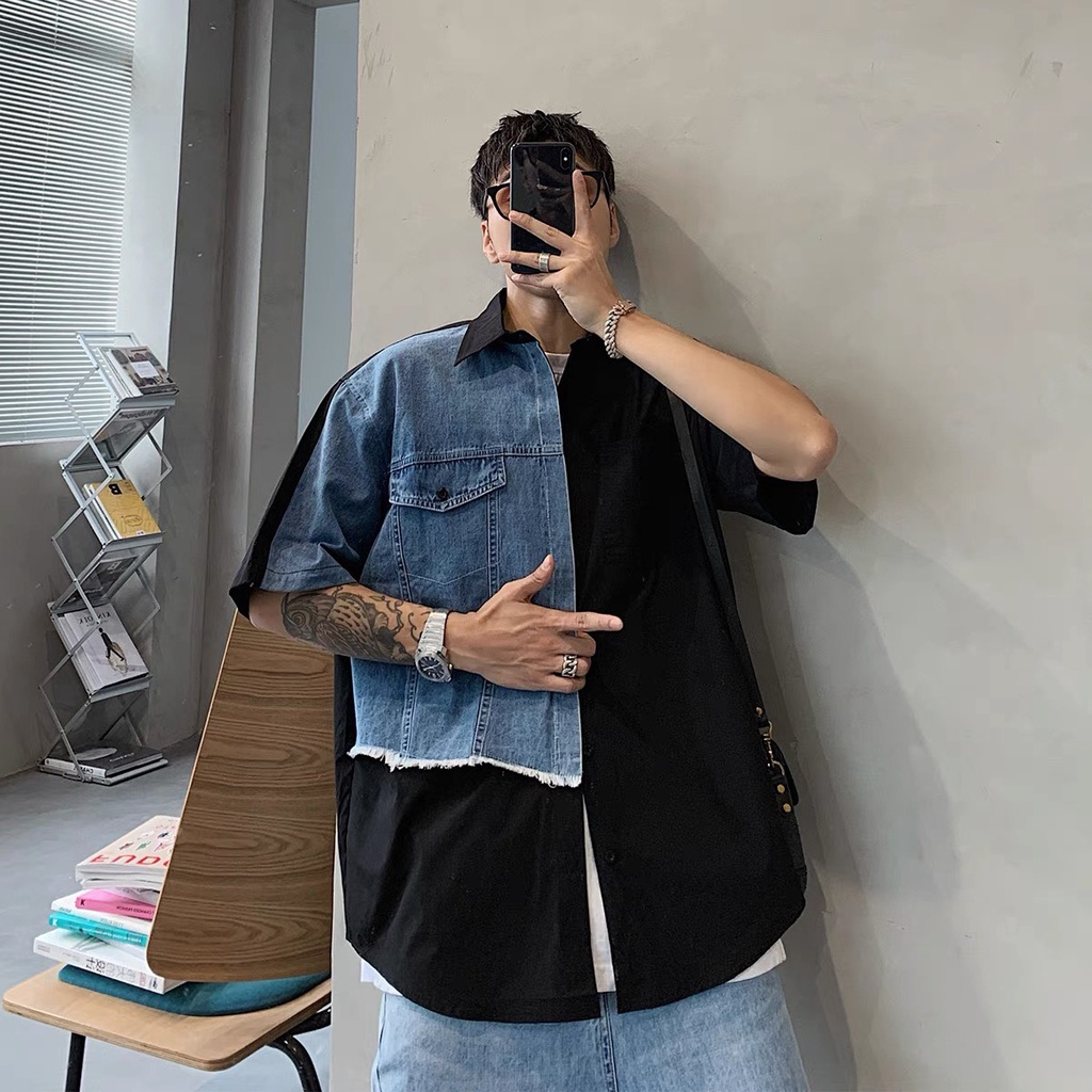 Áo Sơ Mi Ngắn Tay Phối Jean Form Rộng Unisex Chất Lụa Chống Nhăn Thoáng Mát