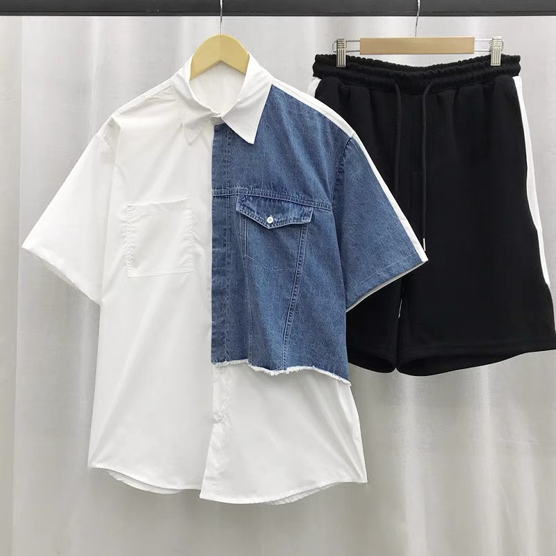 Áo Sơ Mi Ngắn Tay Phối Jean Form Rộng Unisex Chất Lụa Chống Nhăn Thoáng Mát