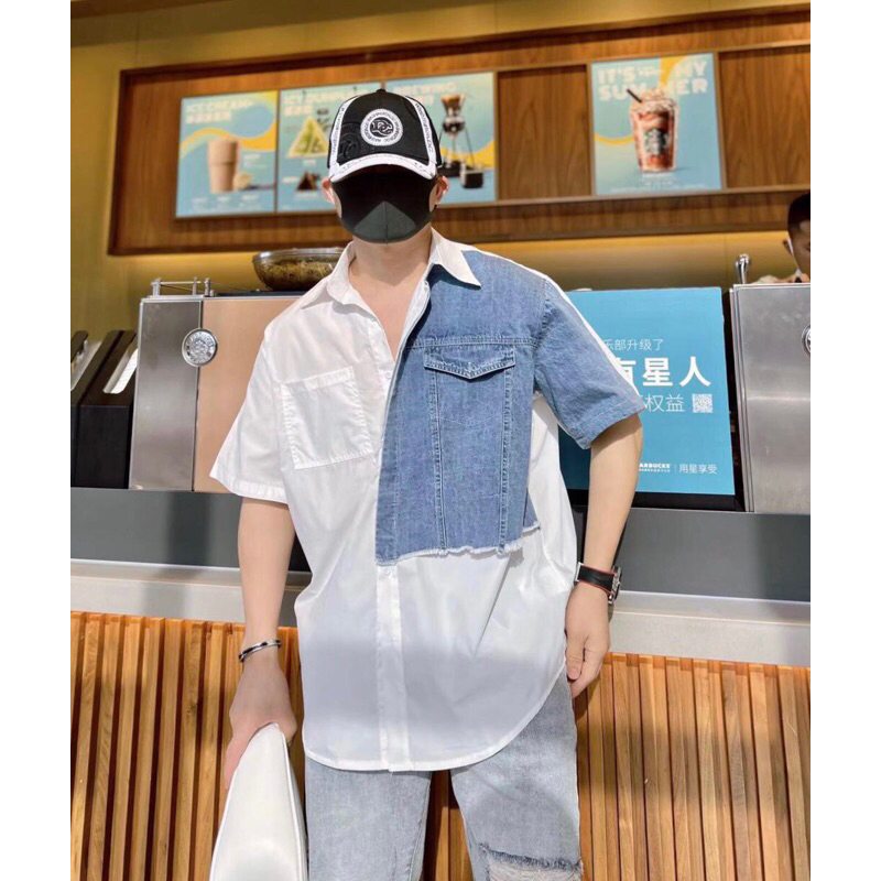 Áo Sơ Mi Ngắn Tay Phối Jean Form Rộng Unisex Chất Lụa Chống Nhăn Thoáng Mát