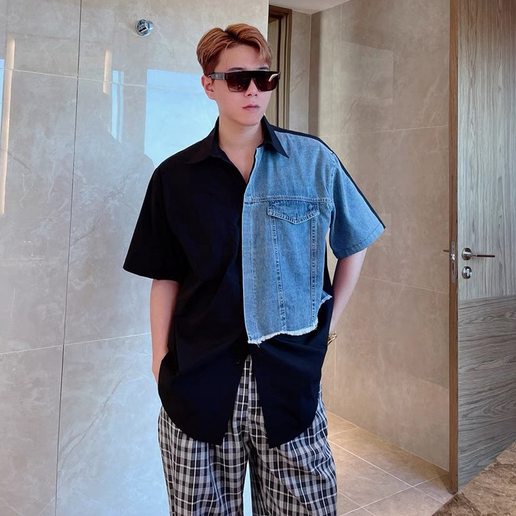 Áo Sơ Mi Ngắn Tay Phối Jean Form Rộng Unisex Chất Lụa Chống Nhăn Thoáng Mát
