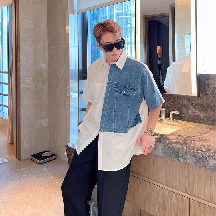 Áo Sơ Mi Ngắn Tay Phối Jean Form Rộng Unisex Chất Lụa Chống Nhăn Thoáng Mát